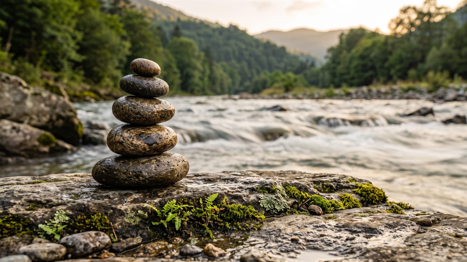 Piedras en equilibrio junto a un río, equilibrio emocional con la psicóloga Ana Saavedra en Lugo